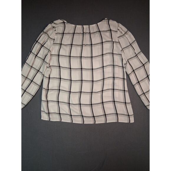 Banana Republic Womens White Black Plaid Blouse V neck Long Sleeve Size S Petite - Picture 2 of 11